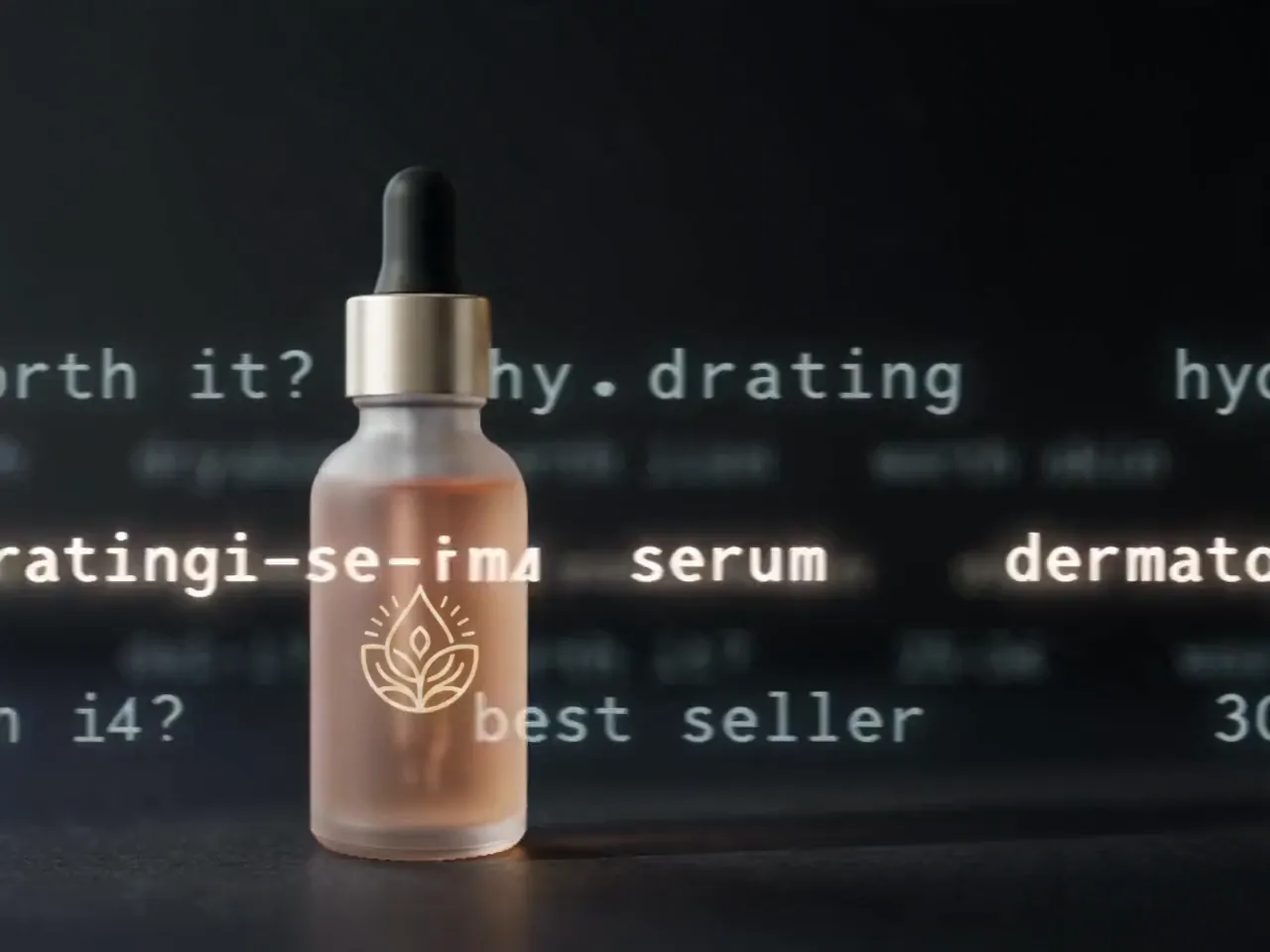 A serum bottle surrounded by drifting product descriptions: hydrating, dermatologist tested, best seller