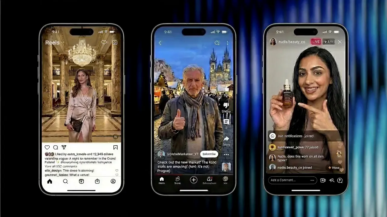 Three phones showing creator content, with a cold scan passing across them